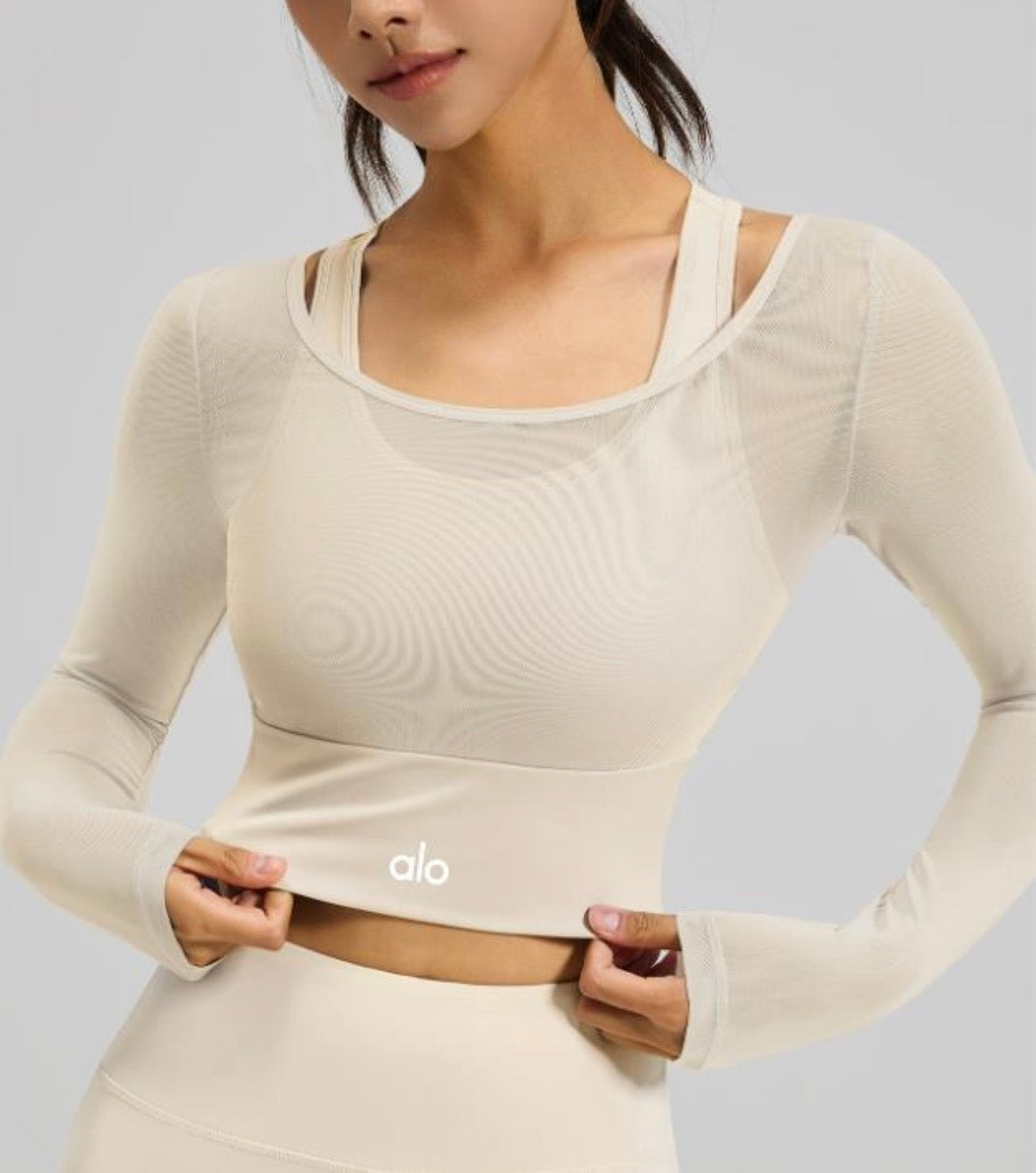Crop Top Mesh Manches Longues Yoga - Écru