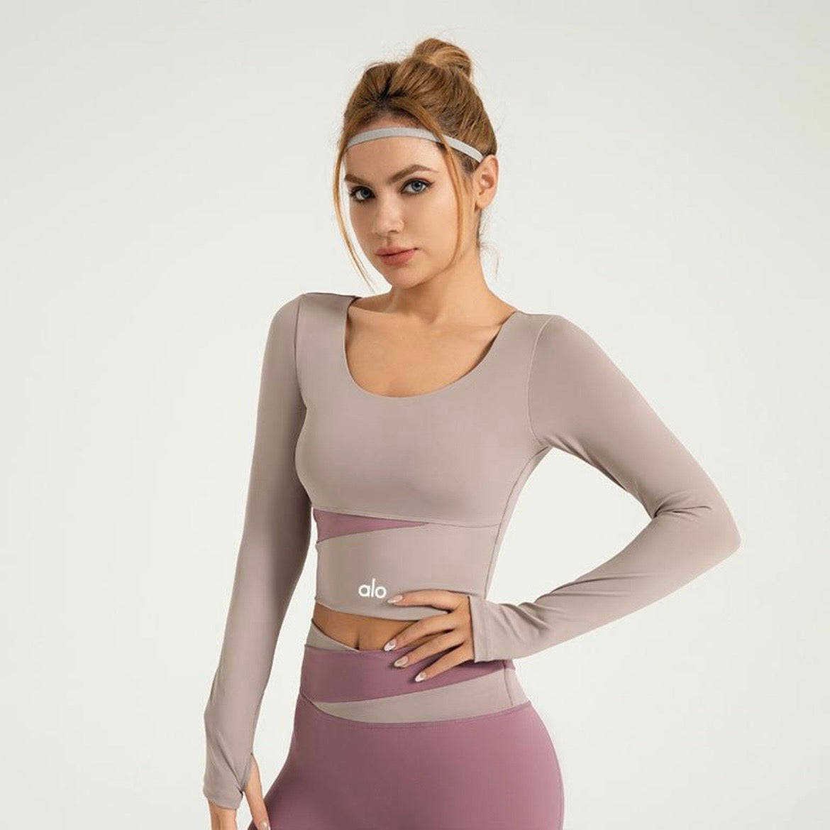 Crop Top Manches Longues Yoga - Taupe