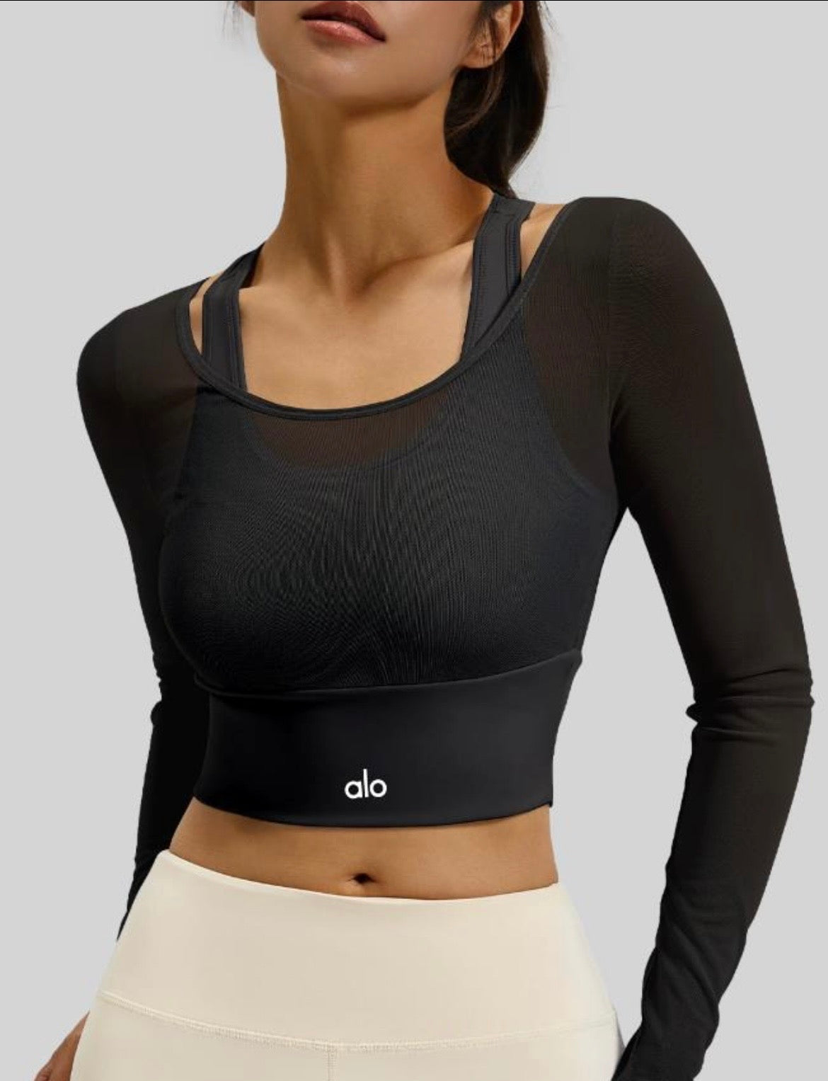Crop Top Mesh Manches Longues Yoga - Noir